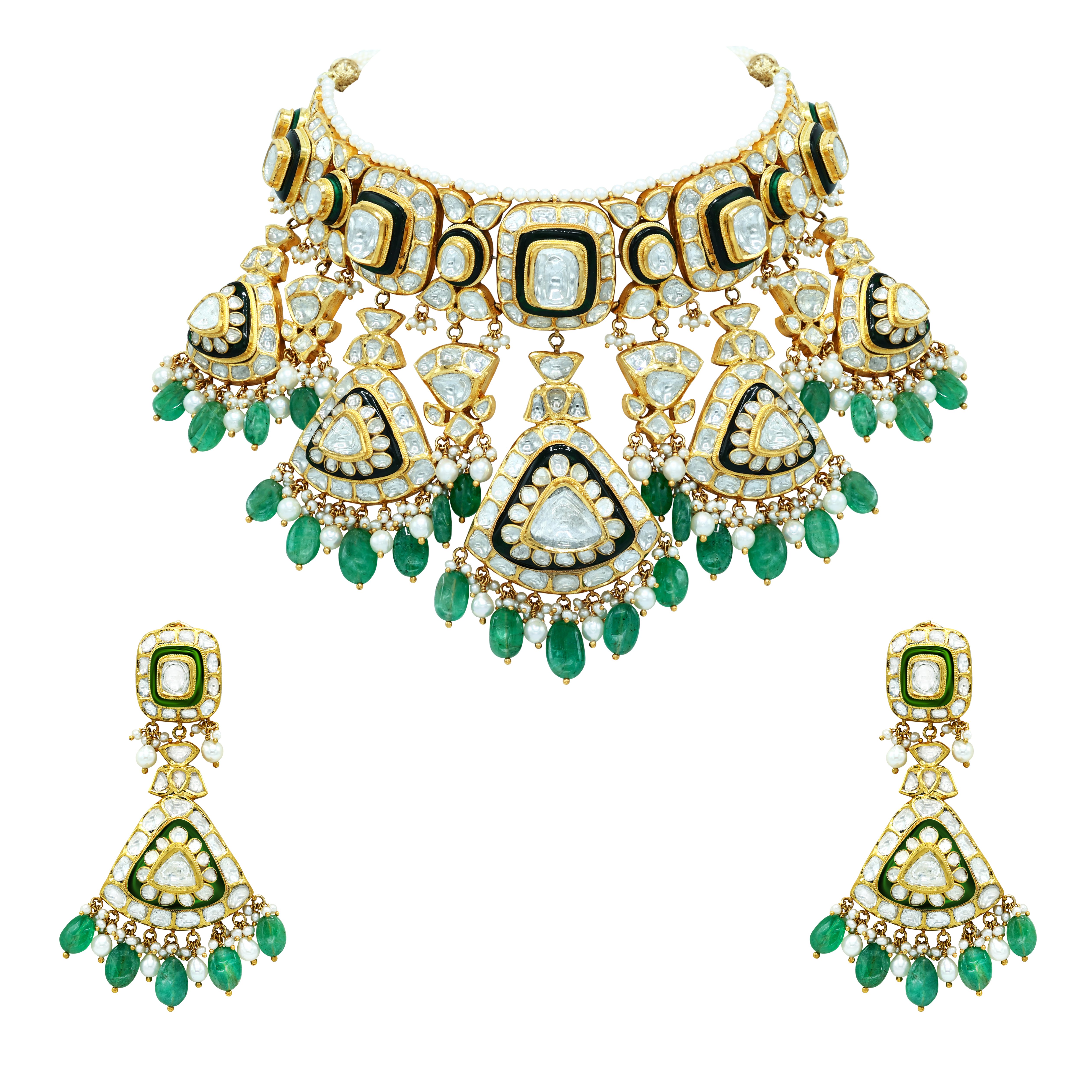 Polki Choker Set with Green Enamel and Emerald Drop Details